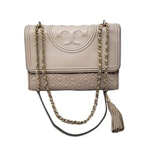 Tory Burch Fleming Convertible Medium Shoulder Bag Quilted Leather Beige Heron